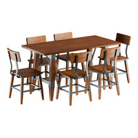 Lancaster Table & Seating Industrial 30" x 60" Rustic Walnut Finish Solid Wood Live Edge Standard Height Trestle Table with 6 Chairs