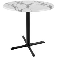 Holland Bar Stool OD211-3036BWOD30RWM 30" Round White Marble Laminate Outdoor / Indoor Counter Height Table with Cross Base