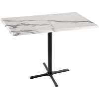 Holland Bar Stool OD211-3042BWOD3048WM 30" x 48" White Marble Laminate Outdoor / Indoor Bar Height Table with Cross Base