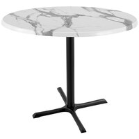 Holland Bar Stool OD211-3036BWOD36RWM 36" Round White Marble Laminate Outdoor / Indoor Counter Height Table with Cross Base