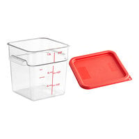 Vigor 8 Qt. Clear Square Polycarbonate Food Storage Container and Red Lid - 6/Pack