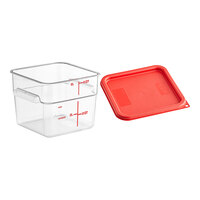 Vigor 6 Qt. Clear Square Polycarbonate Food Storage Container and Red Lid - 6/Pack