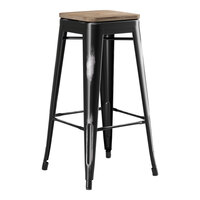 Lancaster Table & Seating Alloy Series Distressed Onyx Black Indoor Backless Barstool with Gray Wood Seat