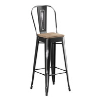 Lancaster Table & Seating Alloy Series Distressed Onyx Black Indoor Cafe Barstool with Gray Wood Seat