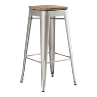 Lancaster Table & Seating Alloy Series Silver Indoor Backless Barstool with Gray Wood Seat