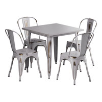 Lancaster Table & Seating Alloy Series 31 1/2" x 31 1/2" Distressed Nickel Gray Standard Height Outdoor Table with 4 Cafe Chairs