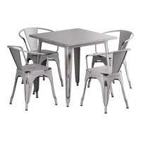 Lancaster Table & Seating Alloy Series 31 1/2" x 31 1/2" Distressed Nickel Gray Standard Height Outdoor Table with 4 Arm Chairs