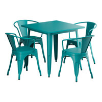 Lancaster Table & Seating Alloy Series 31 1/2" x 31 1/2" Teal Topaz Standard Height Outdoor Table with 4 Arm Chairs