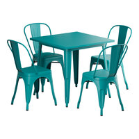 Lancaster Table & Seating Alloy Series 31 1/2" x 31 1/2" Teal Topaz Standard Height Outdoor Table with 4 Cafe Chairs