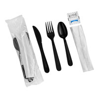 Fineline ReForm Wrapped Black Plastic Flatware and Utensils Kit with Napkin and Salt and Pepper Packets - 250/Case