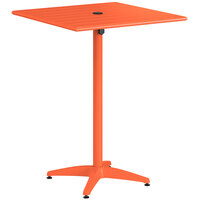 Lancaster Table & Seating 32" x 32" Orange Powder-Coated Aluminum Bar Height Outdoor Table with Umbrella Hole