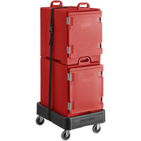 CaterGator Cherry Red Insulated Pan Carrier Kit with Two Front Loading 5-Pan Carriers, Dolly, and Strap