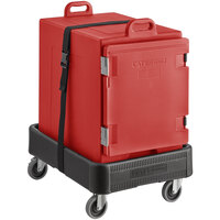 CaterGator Cherry Red Insulated Front Loading 5-Pan Carrier with Black Dolly and Strap
