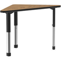 Correll 30" x 41" Triangular Medium Oak 25" - 35" Adjustable Height Thermal-Fused Laminate Top Collaborative Desk with Black Band and Black Legs