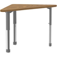 Correll 30" x 41" Triangular Medium Oak 25" - 35" Adjustable Height Thermal-Fused Laminate Top Collaborative Desk with Oak Band and Gray Legs