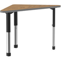 Correll 30" x 41" Triangular Medium Oak 25" - 35" Adjustable Height Thermal-Fused Laminate Top Collaborative Desk with Gray Band and Black Legs