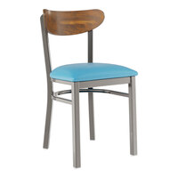 Lancaster Table & Seating Boomerang Clear Coat Finish Chair with Blue Vinyl Seat and Vintage Wood Back
