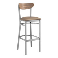 Lancaster Table & Seating Boomerang Series Clear Coat Finish Bar Stool with Taupe Vinyl Seat and Vintage Wood Back