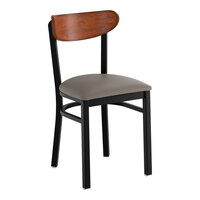 Lancaster Table & Seating Boomerang Black Finish Chair with Dark Gray Vinyl Seat and Antique Walnut Wood Back