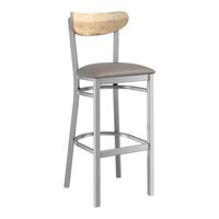 Lancaster Table & Seating Boomerang Series Clear Coat Finish Bar Stool with Dark Gray Vinyl Seat and Driftwood Back