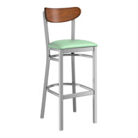 Lancaster Table & Seating Boomerang Series Clear Coat Finish Bar Stool with Seafoam Vinyl Seat and Antique Walnut Wood Back