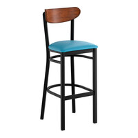 Lancaster Table & Seating Boomerang Black Finish Bar Stool with Blue Vinyl Seat and Antique Walnut Wood Back