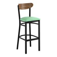 Lancaster Table & Seating Boomerang Black Finish Bar Stool with Seafoam Vinyl Seat and Vintage Wood Back