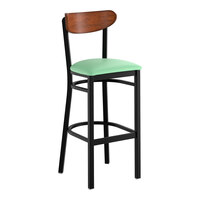 Lancaster Table & Seating Boomerang Black Finish Bar Stool with Seafoam Vinyl Seat and Antique Walnut Wood Back