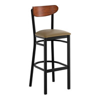 Lancaster Table & Seating Boomerang Black Finish Bar Stool with Taupe Vinyl Seat and Antique Walnut Wood Back