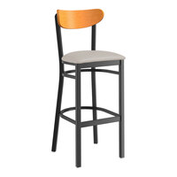 Lancaster Table & Seating Boomerang Series Black Finish Bar Stool with Light Gray Vinyl Seat and Cherry Wood Back