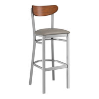 Lancaster Table & Seating Boomerang Series Clear Coat Finish Bar Stool with Dark Gray Vinyl Seat and Antique Walnut Wood Back