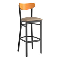 Lancaster Table & Seating Boomerang Series Black Finish Bar Stool with Taupe Vinyl Seat and Cherry Wood Back