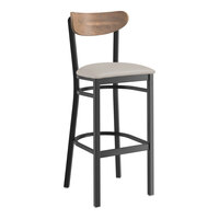 Lancaster Table & Seating Boomerang Series Black Finish Bar Stool with Light Gray Vinyl Seat and Vintage Wood Back