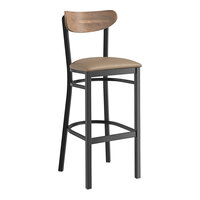 Lancaster Table & Seating Boomerang Series Black Finish Bar Stool with Taupe Vinyl Seat and Vintage Wood Back