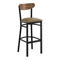 Lancaster Table & Seating Boomerang Black Finish Bar Stool with Taupe Vinyl Seat and Vintage Wood Back