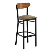 Lancaster Table & Seating Boomerang Black Finish Bar Stool with Taupe Vinyl Seat and Vintage Wood Back