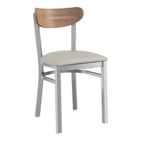 Lancaster Table & Seating Boomerang Series Clear Coat Finish Chair with Light Gray Vinyl Seat and Vintage Wood Back