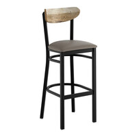 Lancaster Table & Seating Boomerang Black Finish Bar Stool with Dark Gray Vinyl Seat and Driftwood Back