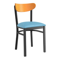 Lancaster Table & Seating Boomerang Series Black Finish Chair with Blue Vinyl Seat and Cherry Wood Back