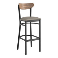 Lancaster Table & Seating Boomerang Series Black Finish Bar Stool with Dark Gray Vinyl Seat and Vintage Wood Back