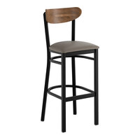 Lancaster Table & Seating Boomerang Black Finish Bar Stool with Dark Gray Vinyl Seat and Vintage Wood Back