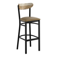 Lancaster Table & Seating Boomerang Black Finish Bar Stool with Taupe Vinyl Seat and Driftwood Back