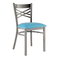 Lancaster Table & Seating Clear Coat Finish Cross Back Chair with 2 1/2" Blue Vinyl Padded Seat
