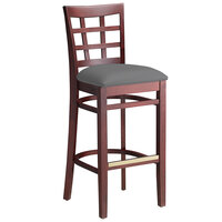 Lancaster Table & Seating Mahogany Finish Wood Window Back Bar Stool with Dark Gray Vinyl Seat