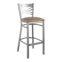 Lancaster Table & Seating Clear Coat Finish Cross Back Bar Stool with 2 1/2" Taupe Vinyl Padded Seat - Detached Seat