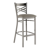 Lancaster Table & Seating Clear Coat Finish Cross Back Bar Stool with 2 1/2" Dark Gray Vinyl Padded Seat