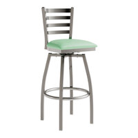 Lancaster Table & Seating Clear Coat Finish Ladder Back Swivel Bar Stool with 2 1/2" Seafoam Vinyl Padded Seat