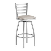 Lancaster Table & Seating Clear Coat Finish Ladder Back Swivel Bar Stool with 2 1/2" Light Gray Vinyl Padded Seat