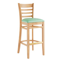 Lancaster Table & Seating Natural Finish Wood Ladder Back Bar Stool with Seafoam Vinyl Seat