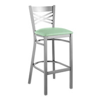 Lancaster Table & Seating Clear Coat Finish Cross Back Bar Stool with 2 1/2" Seafoam Vinyl Padded Seat - Assembled